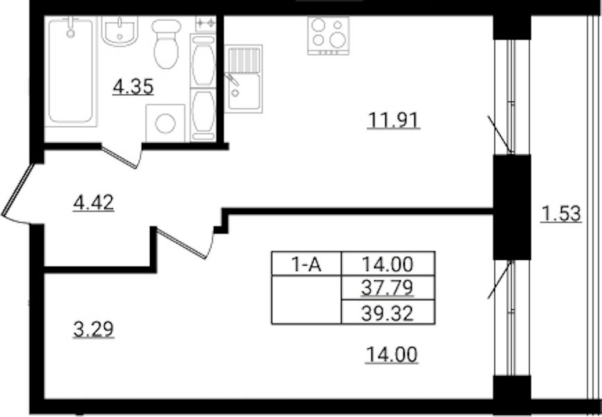 1-комнатная квартира 39.32 м², 3/9 эт., ЖК «Эко Гармония»